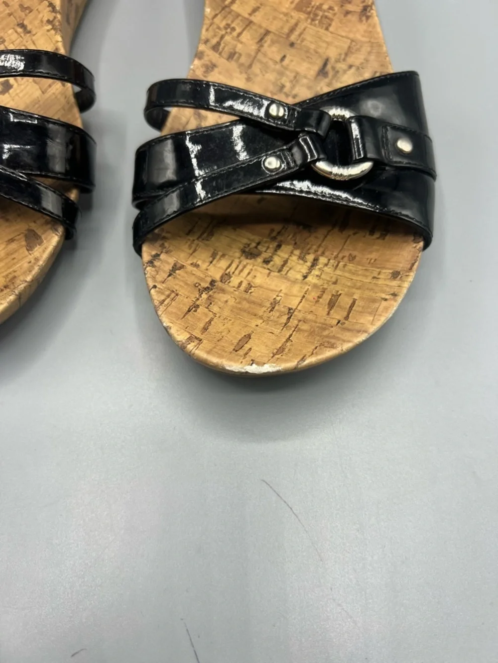 Lands' End Women's Black Harbor Light Flat Patent Leather Slides Sandals